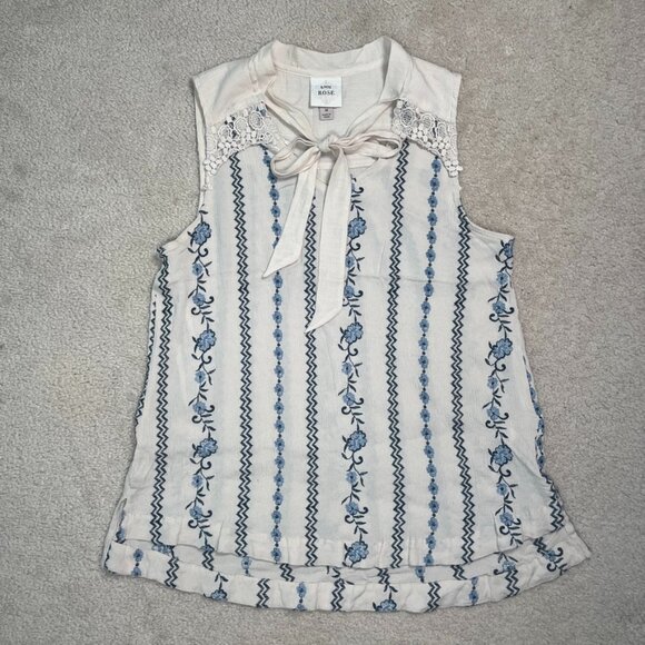 Knox Rose Tops - Sleeveless Embroidered Blouse Lace Floral Detail Ivory Blue Size M